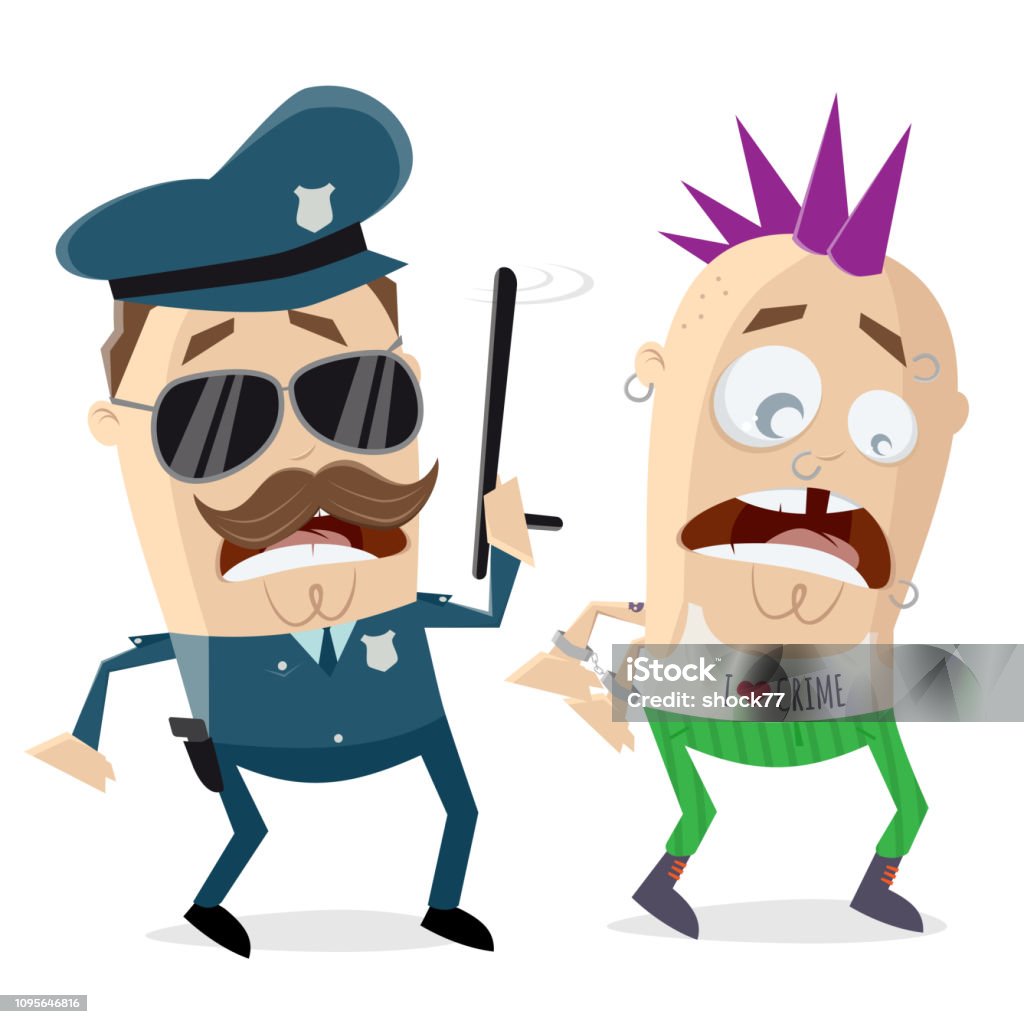 funny cartoon cop arresting a criminal Adult stock vector