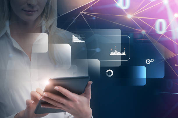 istock Blonde woman with tablet, infographics 1095647626