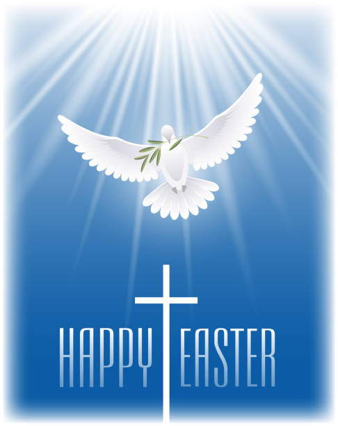 ilustraciones, imágenes clip art, dibujos animados e iconos de stock de feliz pascua de resurrección. paloma blanca volando con rama de olivo y la cruz. - paloma blanca