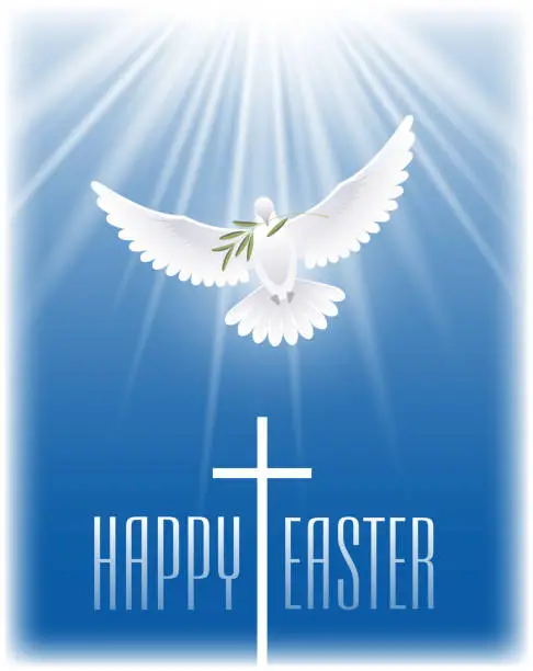 Vector illustration of Happy Easter. White flying dove with olive branch and cross.