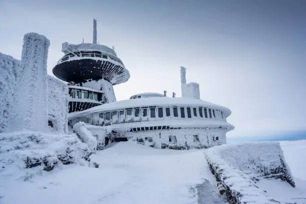 Meteo observatory on Śnieżka covered by snow