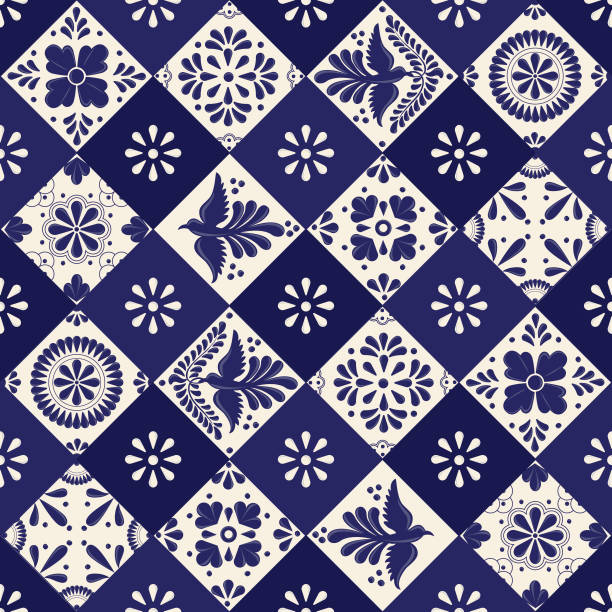 ilustraciones, imágenes clip art, dibujos animados e iconos de stock de patrón de azulejo de talavera mexicana - pájaro azulejo