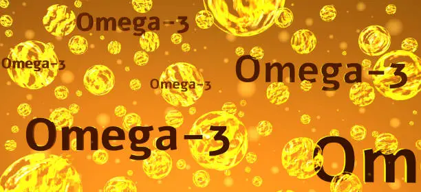 Omega-3, background with drops of fish oil. Close-up for packaging design. 3D visualization