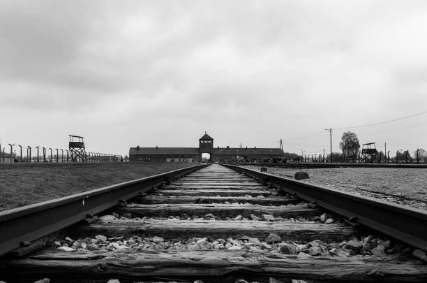 Railway to Auschwitz -Birkenau II Auschwitz, Poland; October 212017:Trains tracks to Auschwitz-Birkenau II, concentration camp. fascism photos stock pictures, royalty-free photos & images