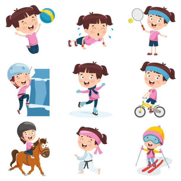 illustrations, cliparts, dessins animés et icônes de vector illustration of cartoon girl faire diverses activités - tennis child sport cartoon