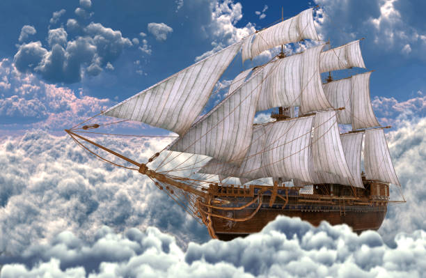 istock Sailboat flying above the clouds 3d illustration 1095679150