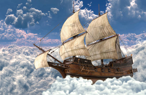 istock Sailboat flying above the clouds 3d illustration 1095679160