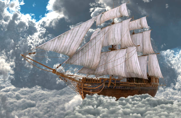 istock Sailboat flying above the clouds 3d illustration 1095679188