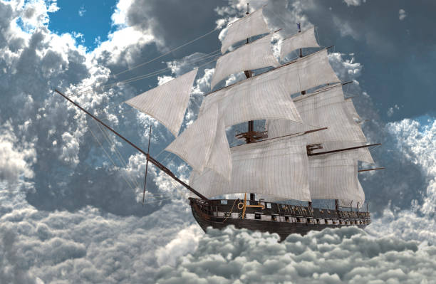 istock Sailboat flying above the clouds 3d illustration 1095679216