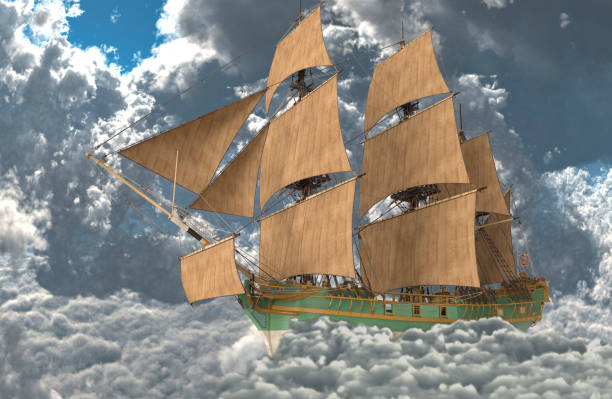 istock Sailboat flying above the clouds 3d illustration 1095679292