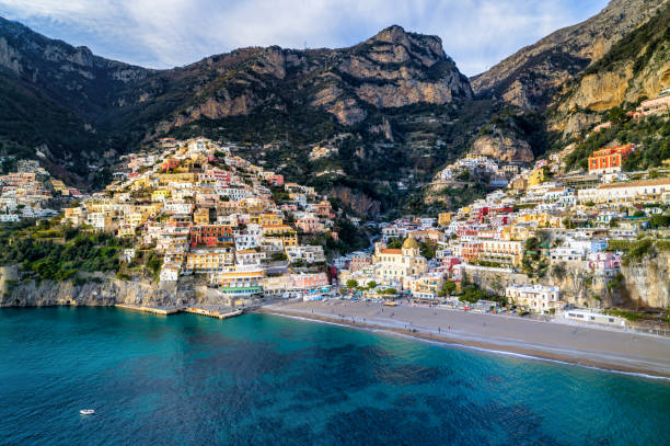 Positano - Amalfi Coast - Italy Aerial View of Positano, Travel destination on the Amalfi coast, Southern Italy amalfi coast photos stock pictures, royalty-free photos & images