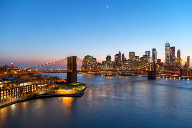 Aerial View of Brooklyn Bridge and Manhattan Skyline stock photo