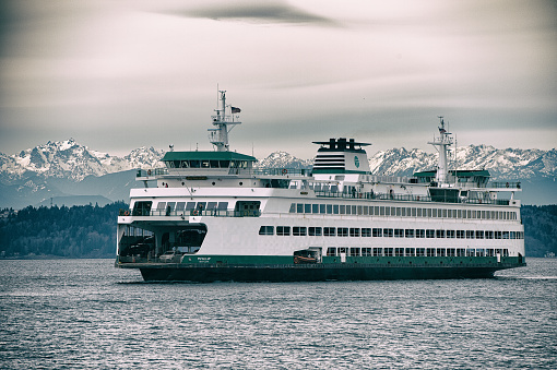 Edmonds, Washington United States - January 28, 2017: Washington State Ferry Puyallup arriving Edmonds Ferry Terminal.