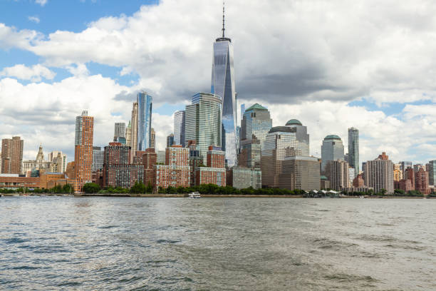 Manhattan skyline in New York City as seen from the harbor. stock photo