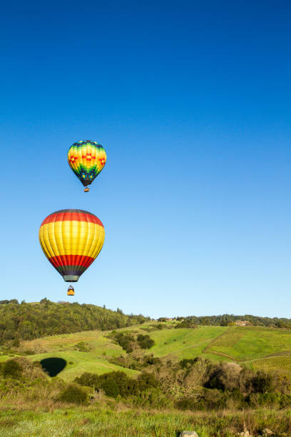 Hot air balloons floating over Napa Valley, California, at sunrise stock photo