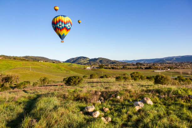 globos de aire caliente flota sobre el valle de napa, california, al amanecer - hill green california grass fotografías e imágenes de stock