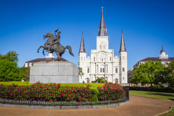 St. Louis Cathedral with Andrew Jackson statue, Jackson Square, Louisiana, United States. St. Louis Cathedral, Jackson Square, Louisiana, United States. Color horizontal image with Andrew Jackson statue in foreground with red flowers. jackson square stock pictures, royalty-free photos & images