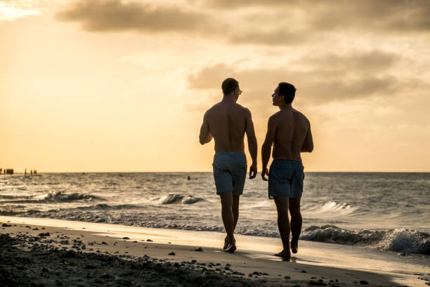 istock Young homosexual couple walking on the beach 1095694104