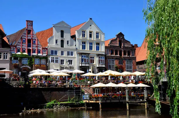 Stint Market, Lueneburg, Lower Saxony, Germany, Oldtown, Harbor District, Ilmenau River, Open-Air Scene, Mediterranean Flair, Urban Development, Fish Trade, Formerly Big FishTrade, Stint, Salmon-Like and Herring-Like Fish, Small Fish, Sought-After Fish in the Middle Ages, Attraction, Much Visited