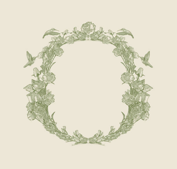 Engraved Decorative circle frame with hummingbirds and flowers