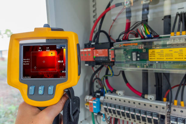 Thermoscan(thermal image camera), Industrial equipment used for checking the internal temperature of the machine for preventive maintenance, This is checking The power supply for tracking sun of solar plant stock photo