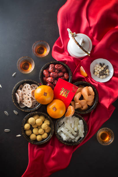 istock Flat lay Chinese New Year snack and drink group of objects still life. 1095749700