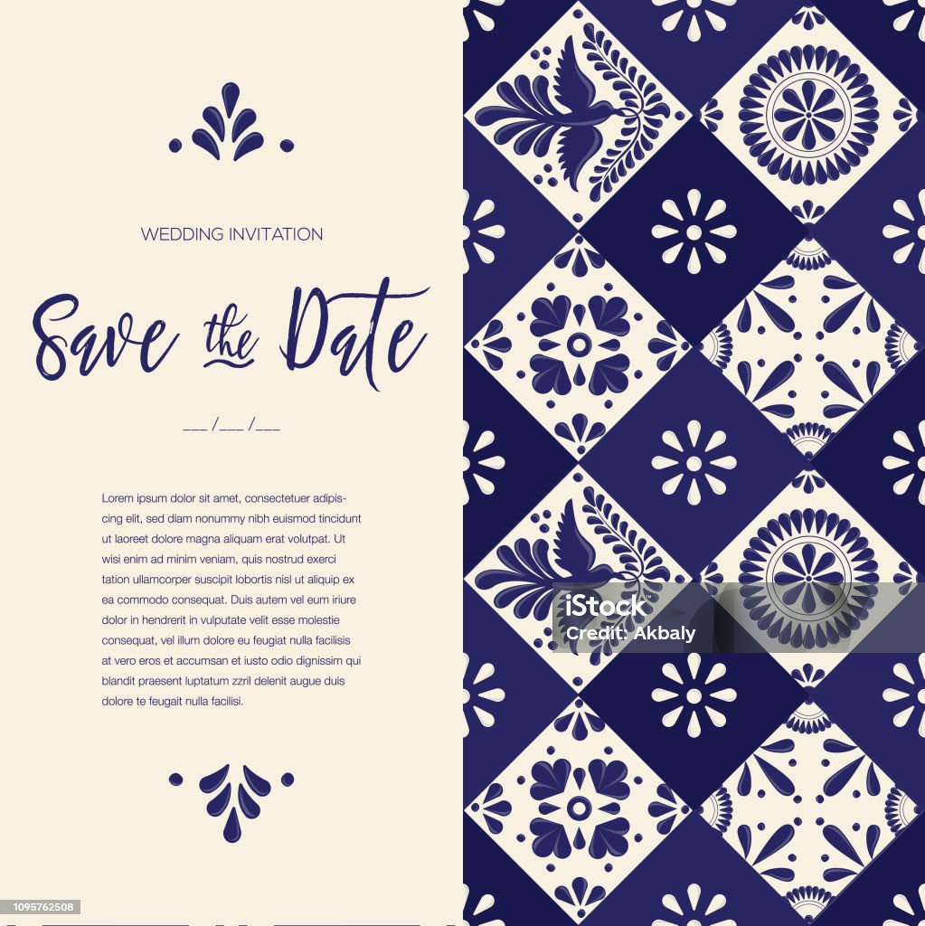 Mexicaans Talavera tegels slaan de datum kaart - kopie ruimte - Royalty-free Save The Date - Engelse frase vectorkunst