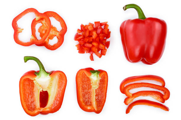 istock red sweet bell pepper isolated on white background. Top view. Flat lay. Set or collection 1095773468
