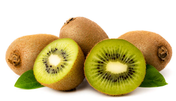 istock Ripe kiwi and halves with leaves on a white background. 1095785066