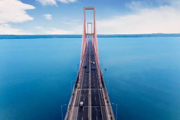 Aerial view of famous Suramadu bridge connecting islands Java and Madura in East Java, Indonesia