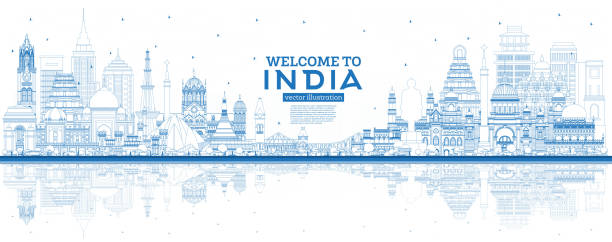 illustrazioni stock, clip art, cartoni animati e icone di tendenza di delineare benvenuti a india city skyline con edifici blu e riflessioni. - bangalore india business building exterior