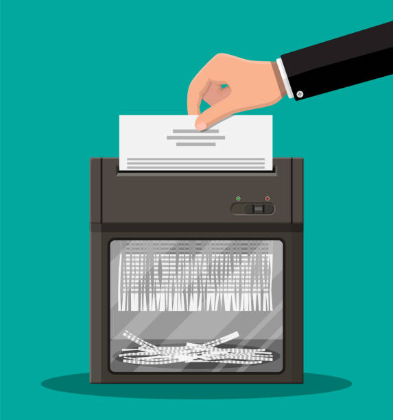 Shredder machine. Flat style. Shredder machine and hand with document paper. Office device for destruction of documents. Vector illustration in flat style paper shredder stock illustrations