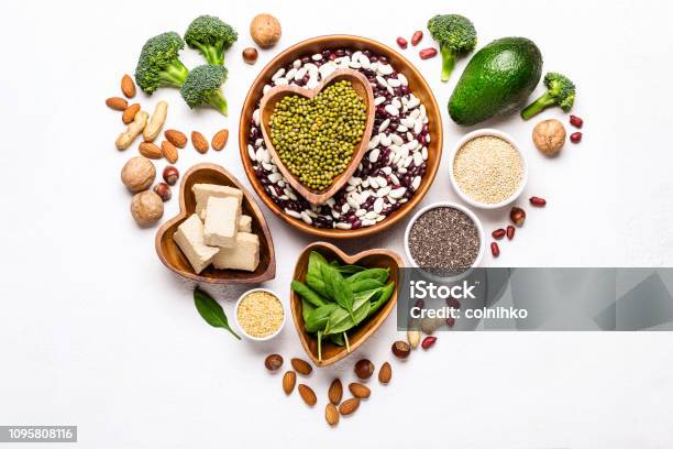 Sources Of Vegetable Protein Laid Out In The Shape Of A Heart On A White Background Stock Photo - Download Image Now