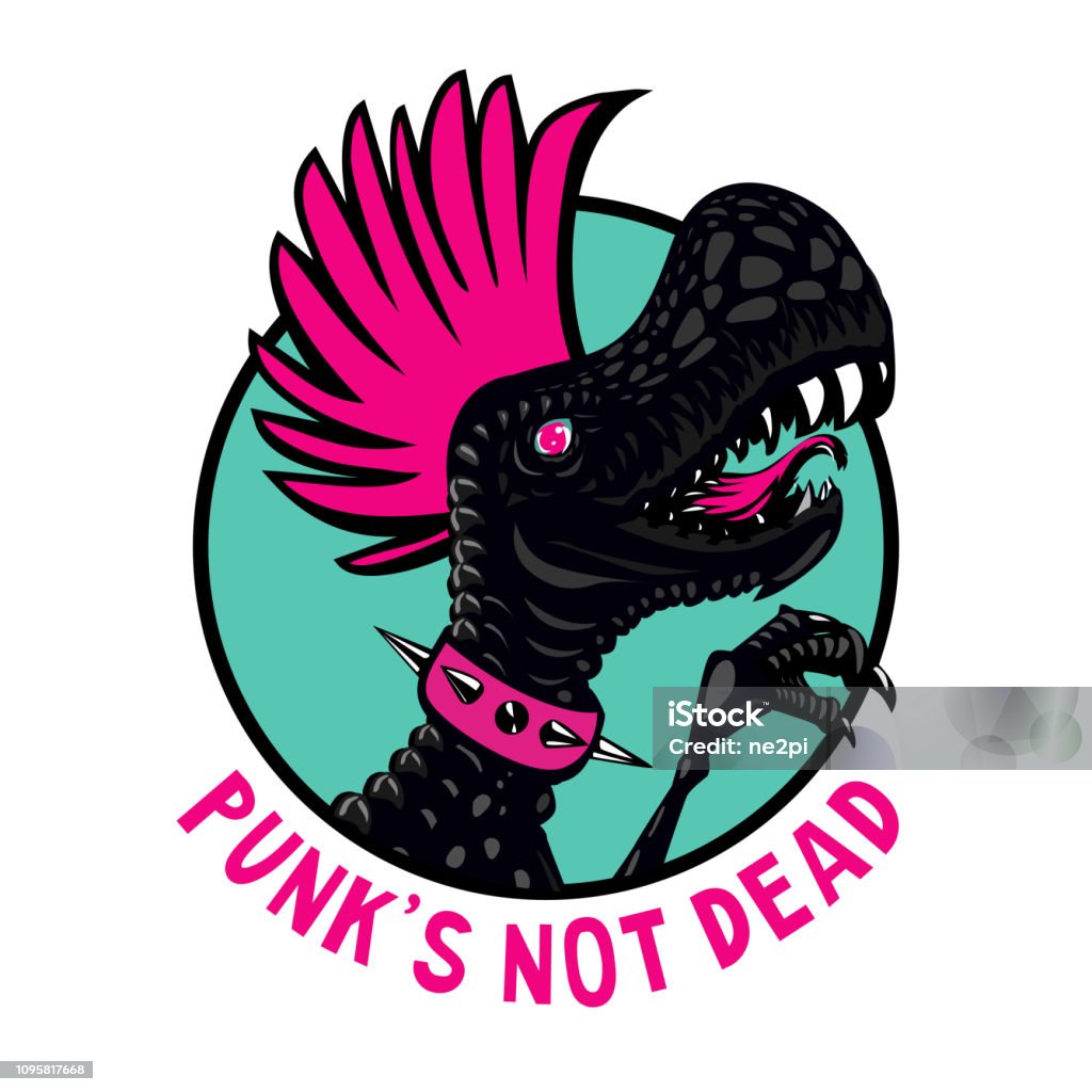 Punk dinosaur with pink haircut. Punk dinosaur with pink haircut. Cartoon character illustration. Isolated vector maskot. Idea for t-shirt print. Logo stock vector