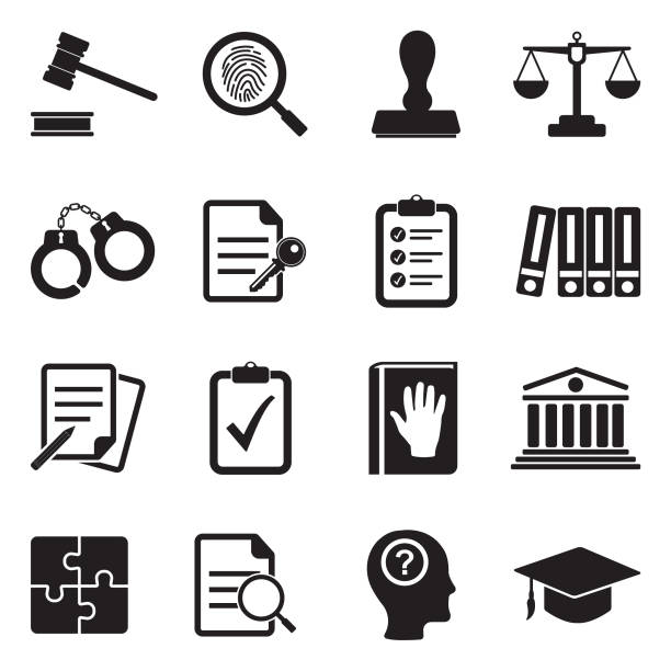 ilustrações de stock, clip art, desenhos animados e ícones de legal compliance standards icons. black flat design. vector illustration. - legal system