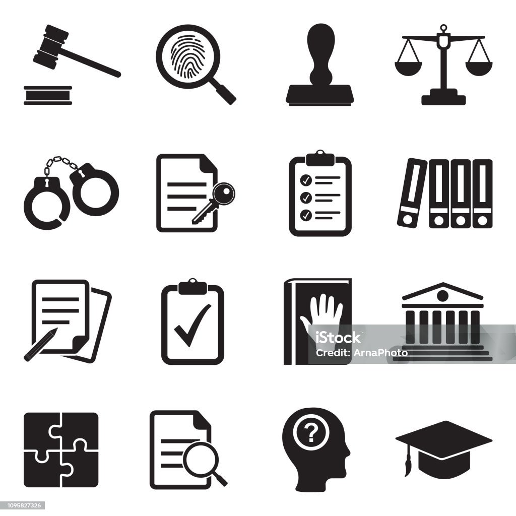 Legal Compliance Standards Icons. Black Flat Design. Vector Illustration. Law, Trial, Judge, Crime, Truth Icon stock vector