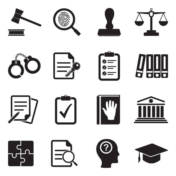 Legal Compliance Standards Icons. Black Flat Design. Vector Illustration. Law, Trial, Judge, Crime, Truth law stock illustrations