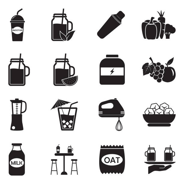 Smoothie Icons. Black Flat Design. Vector Illustration. Shake, Smoothie, Fruit, Blender smoothie stock illustrations
