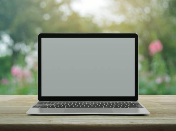 istock Modern laptop computer with blank screen on wooden table over blur pink flower and tree in garden 1095827590