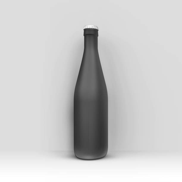 istock Glass bottle for liquid or juice in corner of empty room. Studio illustration. Front view. 3D render. 1095833286