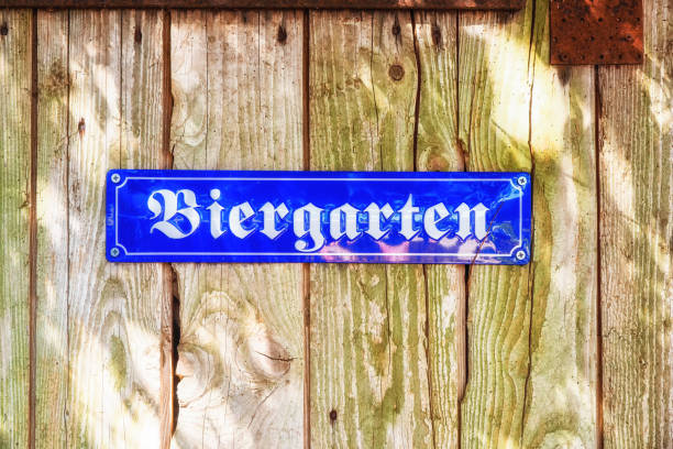 Beer garden sign. Opened shield in german biergarten on a sunny holiday.