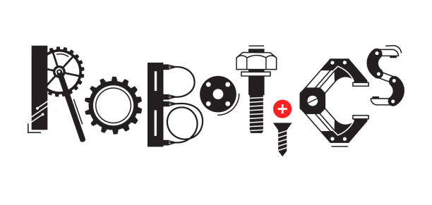 ilustraciones, imágenes clip art, dibujos animados e iconos de stock de palabra de robótica. la inscripción y las letras son estilizados en forma de detalles de los robots y mecanismos. - robótica