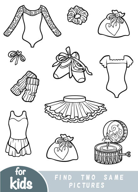 Find two the same pictures, game for children. Black and white ballet accessories Find two the same pictures, education game for children. Black and white ballet accessories leotard stock illustrations