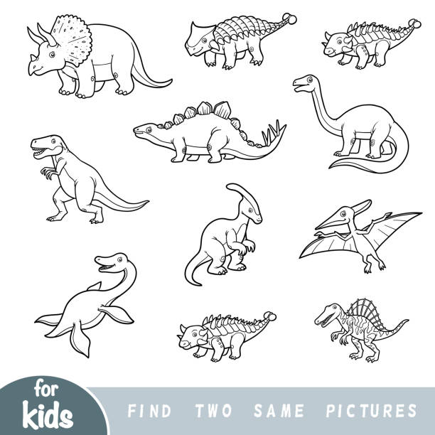 Find two the same pictures, education game. Set of dinosaurs Find two the same pictures, education game for children. Black and white set of dinosaurs pteranodon stock illustrations