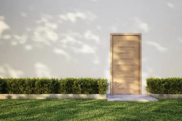 Photo of White wall on bush with Wooden door, tree shadow on grass. 3D illustrator