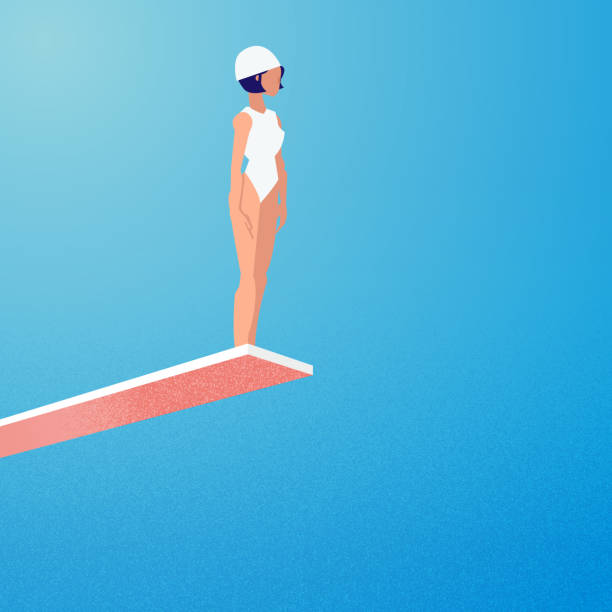 Female try to jumping on high board - illustration girl try to jumping on high board - illustration diving board stock illustrations