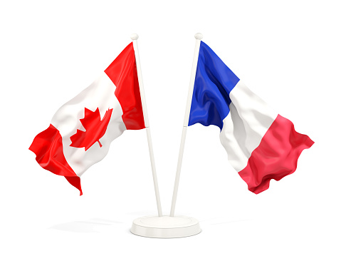 Two waving flags of Canada and france isolated on white. 3D illustration