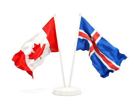 Two waving flags of Canada and iceland isolated on white. 3D illustration