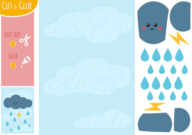 edukacja papierowa gra dla dzieci, thundercloud z błyskawicą i kroplami deszczu na niebie - 7700 stock illustrations