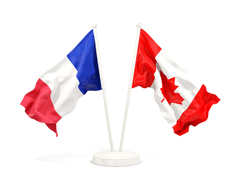 Two waving flags of France and canada  isolated on white. 3D illustration